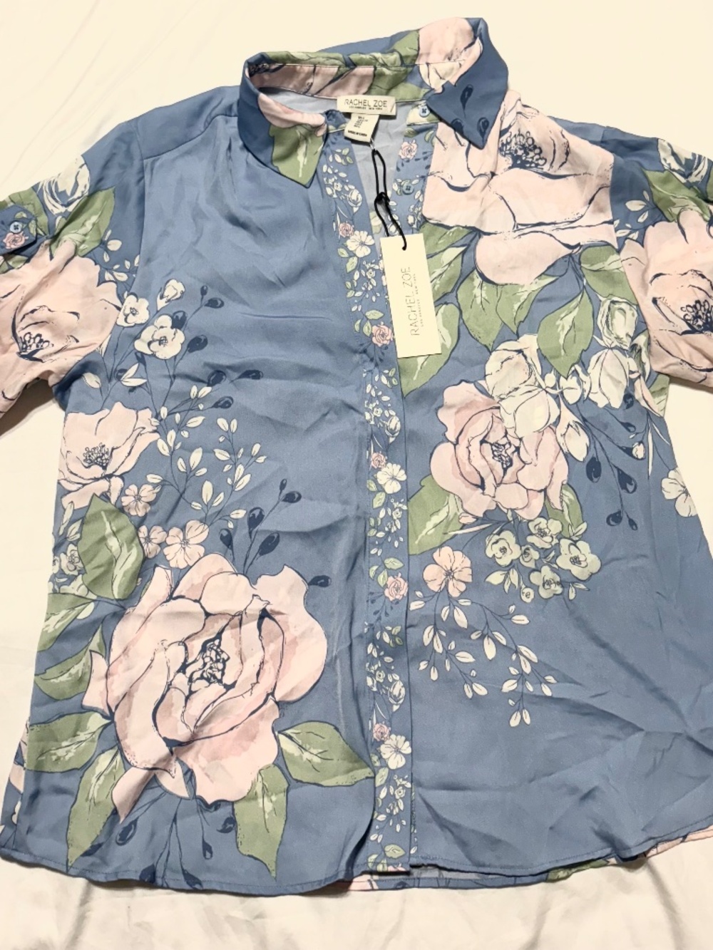 NWT Rachel Zoe Floral Short Sleeve Button Down Top Size L Blue Pink